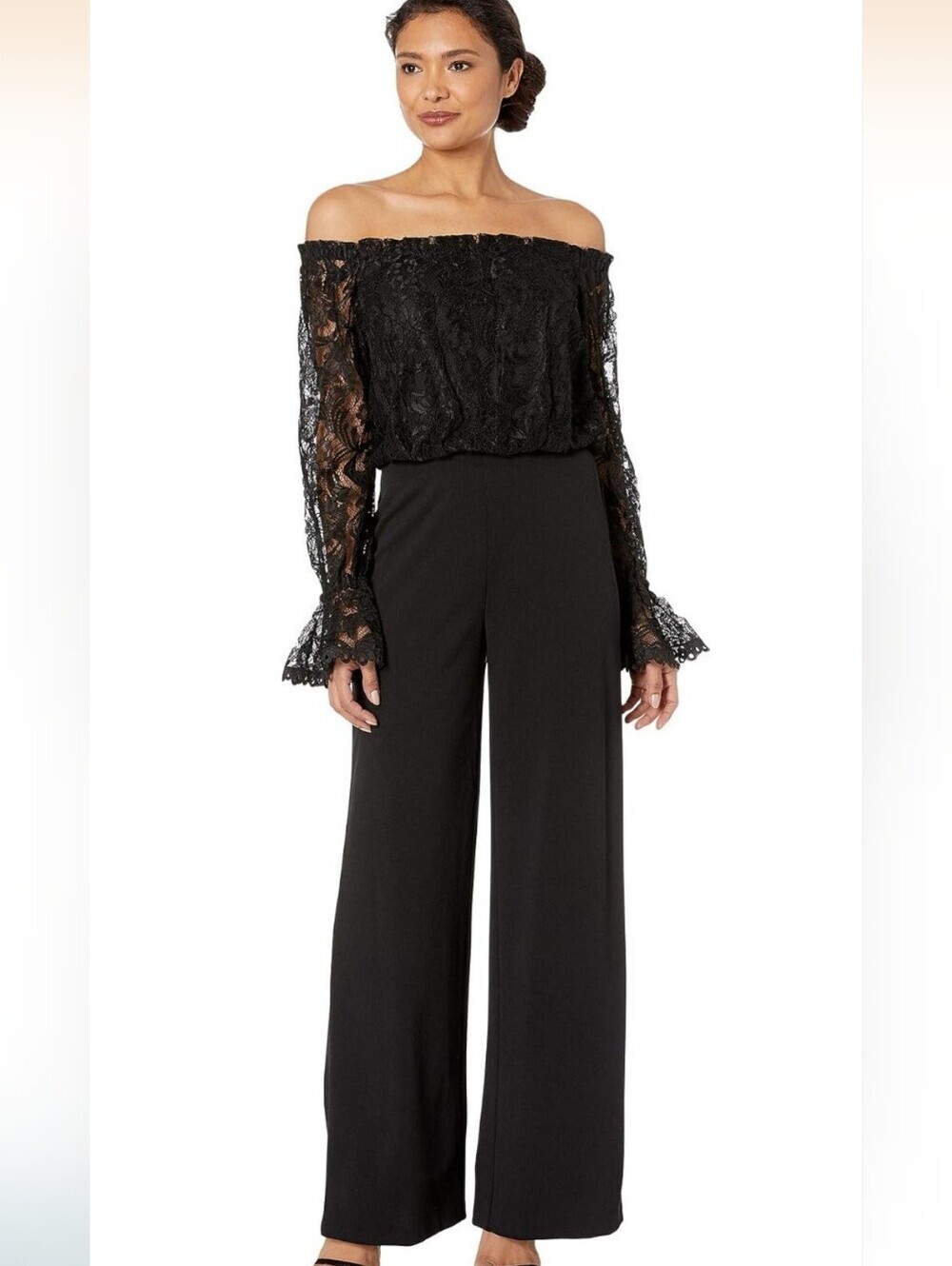 Adrianna Papell Black Lace Bodice Off-Shoulder Jumpsuit Plus Size 16